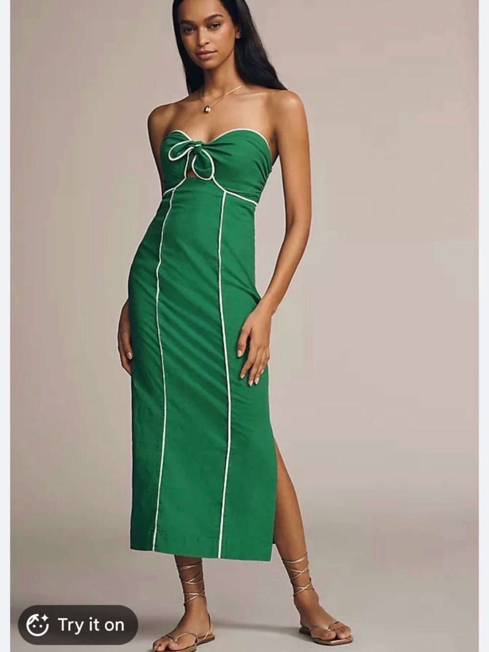 Maeve Strapless Emerald Green Midi Dress with White Piping